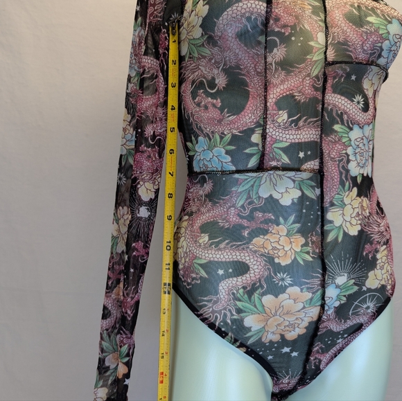 Rue21 Black Sheer Long Sleeve Dragon Print Mesh One-Piece Bodysuit (1-xs & 1-s) - Picture 8 of 13